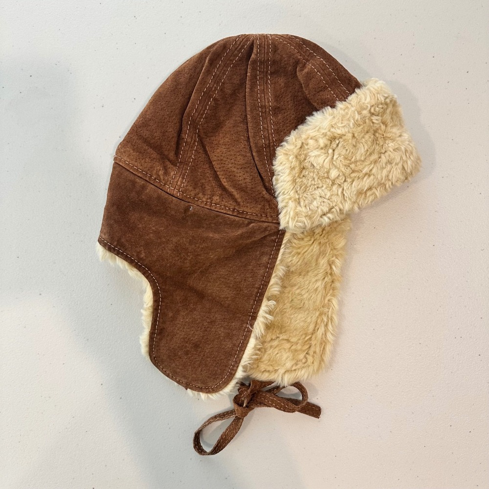 Wilson's Leather Trapper Hat Brown Leather Faux Fur Lined Aviator Winter Hat